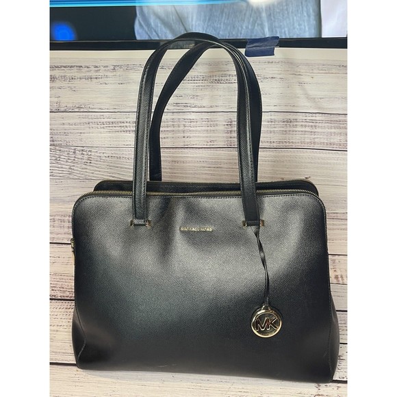 Michael Kors Houston Double Zip Crossgrain Leather Satchel NWOT Black Gold Color - Picture 1 of 16